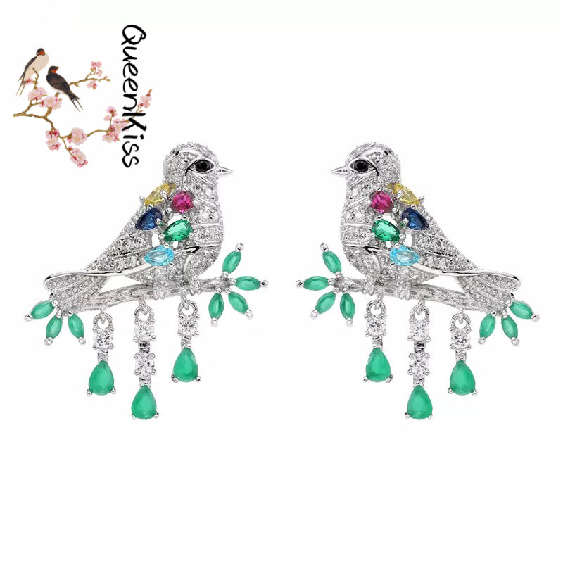 Fully Jewelled Bird Red Green Blue Cubic Zirconic Zirconia Zircon Stud Earrings--Garden of Joy!!