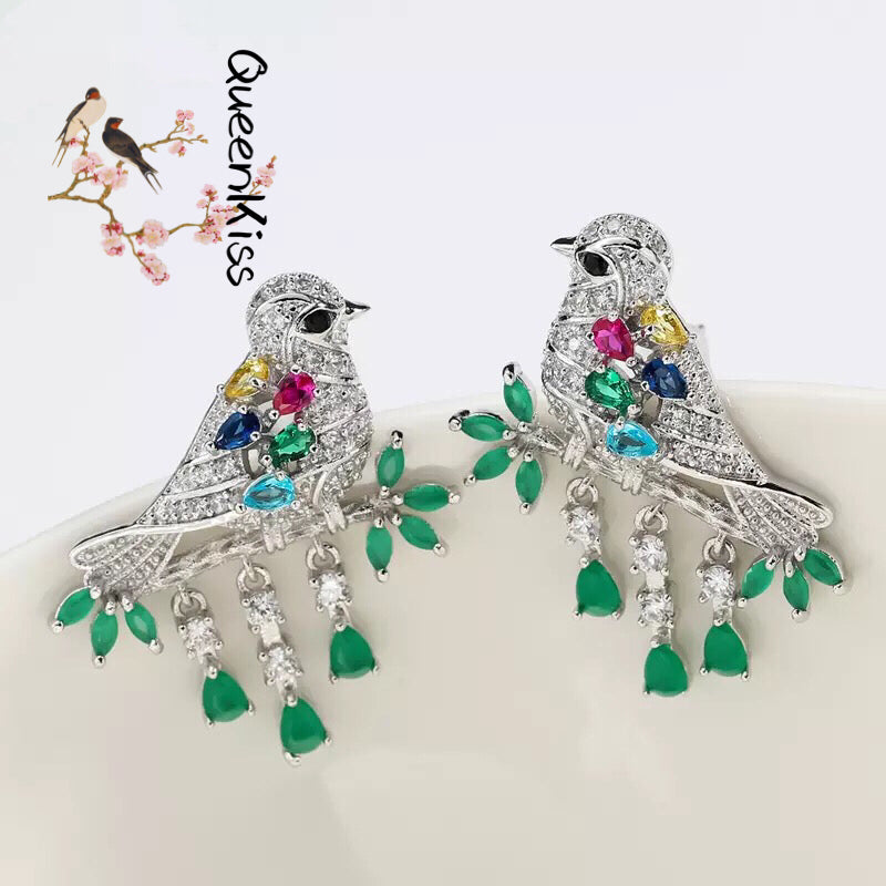 Fully Jewelled Bird Red Green Blue Cubic Zirconic Zirconia Zircon Stud Earrings--Garden of Joy!!