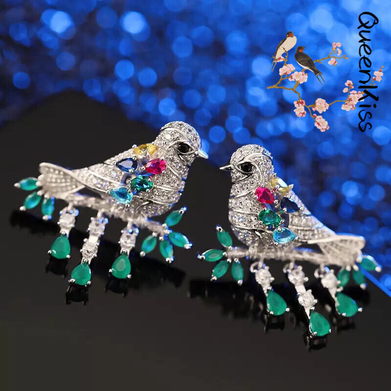 Fully Jewelled Bird Red Green Blue Cubic Zirconic Zirconia Zircon Stud Earrings--Garden of Joy!!