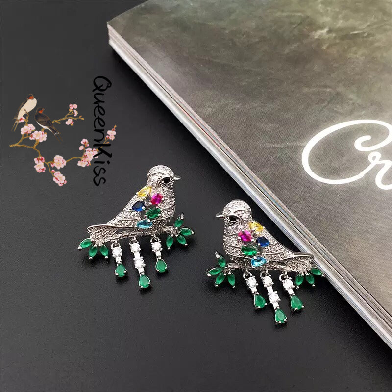 Fully Jewelled Bird Red Green Blue Cubic Zirconic Zirconia Zircon Stud Earrings--Garden of Joy!!