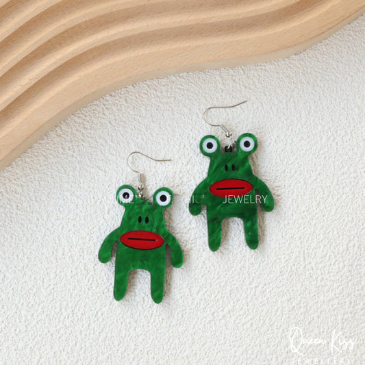 Cute Light Trendy Adorable Acrylic Green Funny Frog Earrings - Little Garden!!