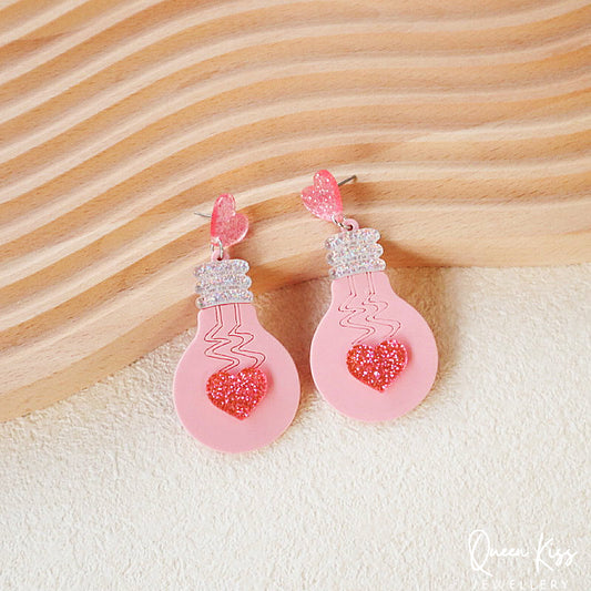 Cute Light Trendy Adorable Acrylic Art Work Pink Bulb and Heart Earrings - Pinky Fairy!!