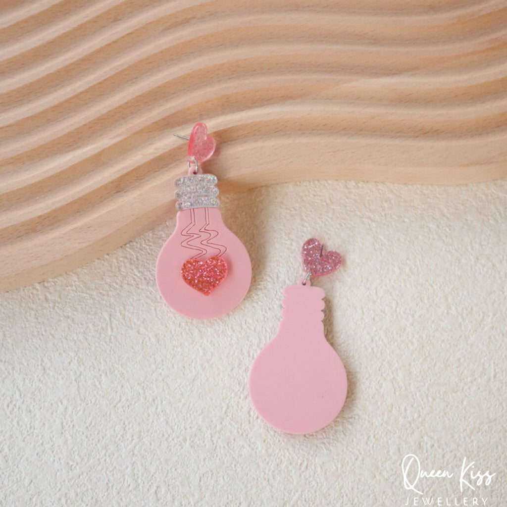 Cute Light Trendy Adorable Acrylic Art Work Pink Bulb and Heart Earrings - Pinky Fairy!!