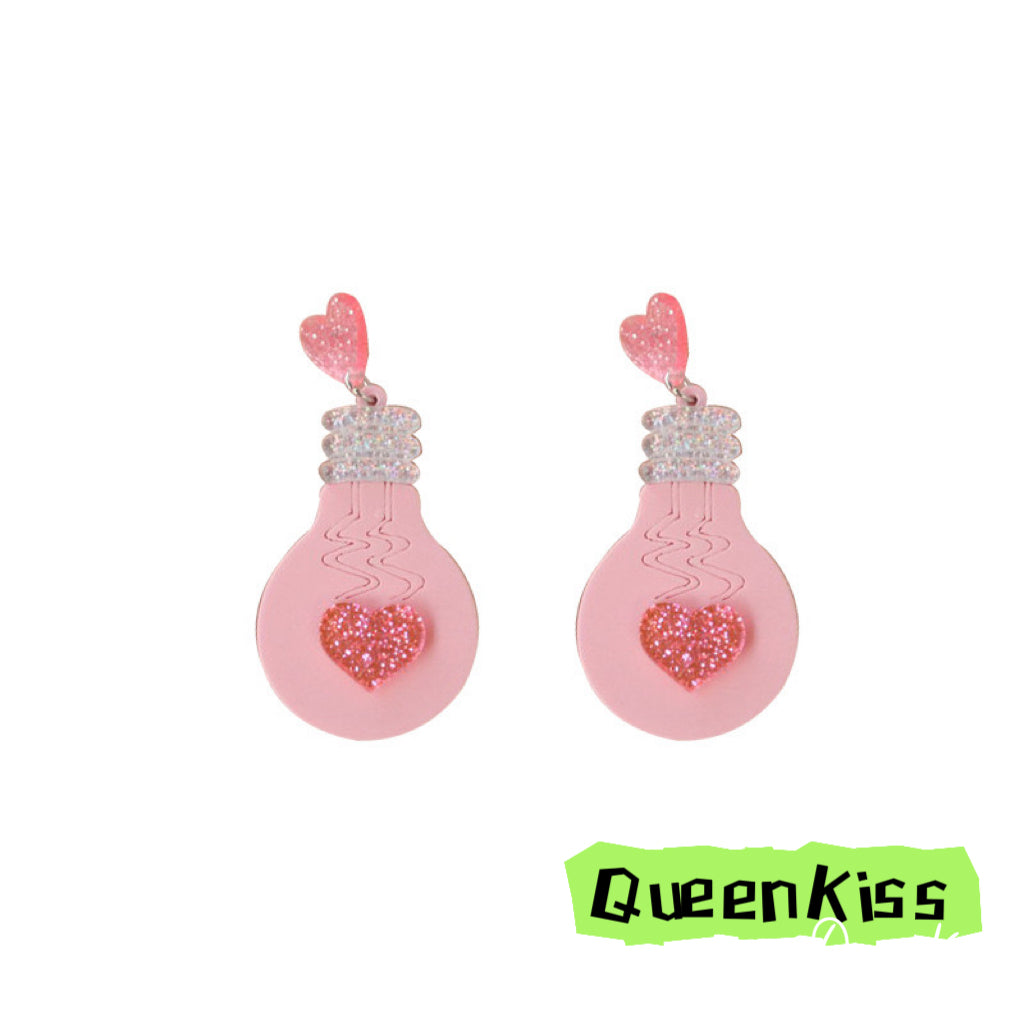 Cute Light Trendy Adorable Acrylic Art Work Pink Bulb and Heart Earrings - Pinky Fairy!!