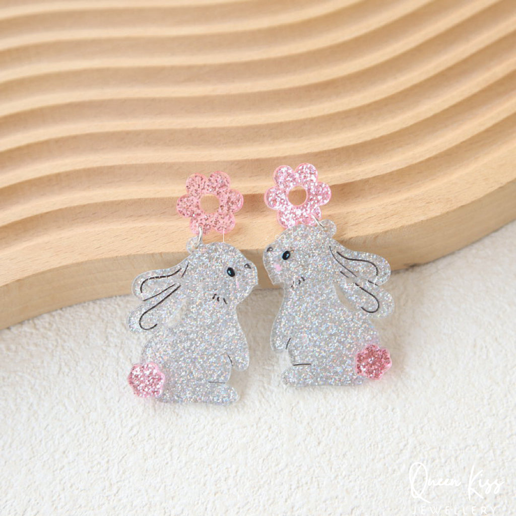 Cute Light Trendy Adorable Acrylic Art Work Pink Flower and Bunny Earrings - Pinky Fairy!!