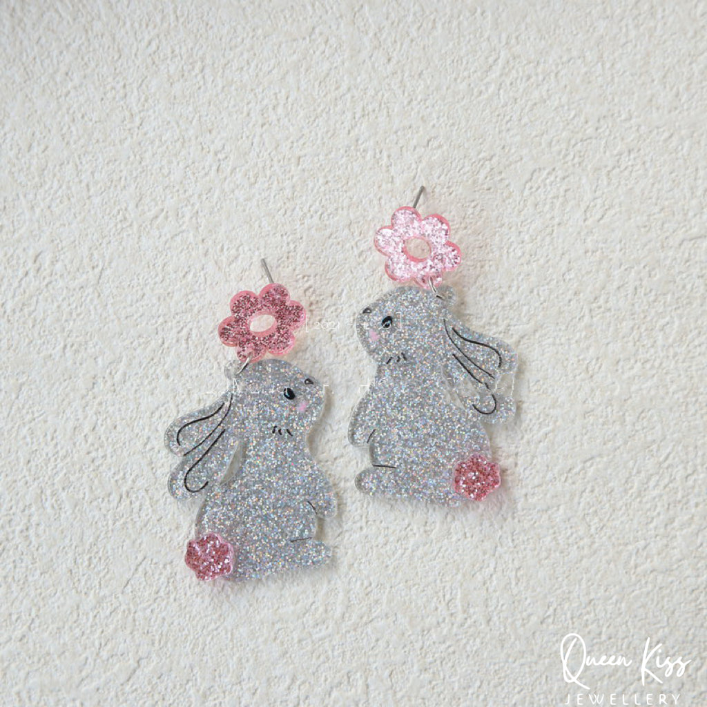 Cute Light Trendy Adorable Acrylic Art Work Pink Flower and Bunny Earrings - Pinky Fairy!!