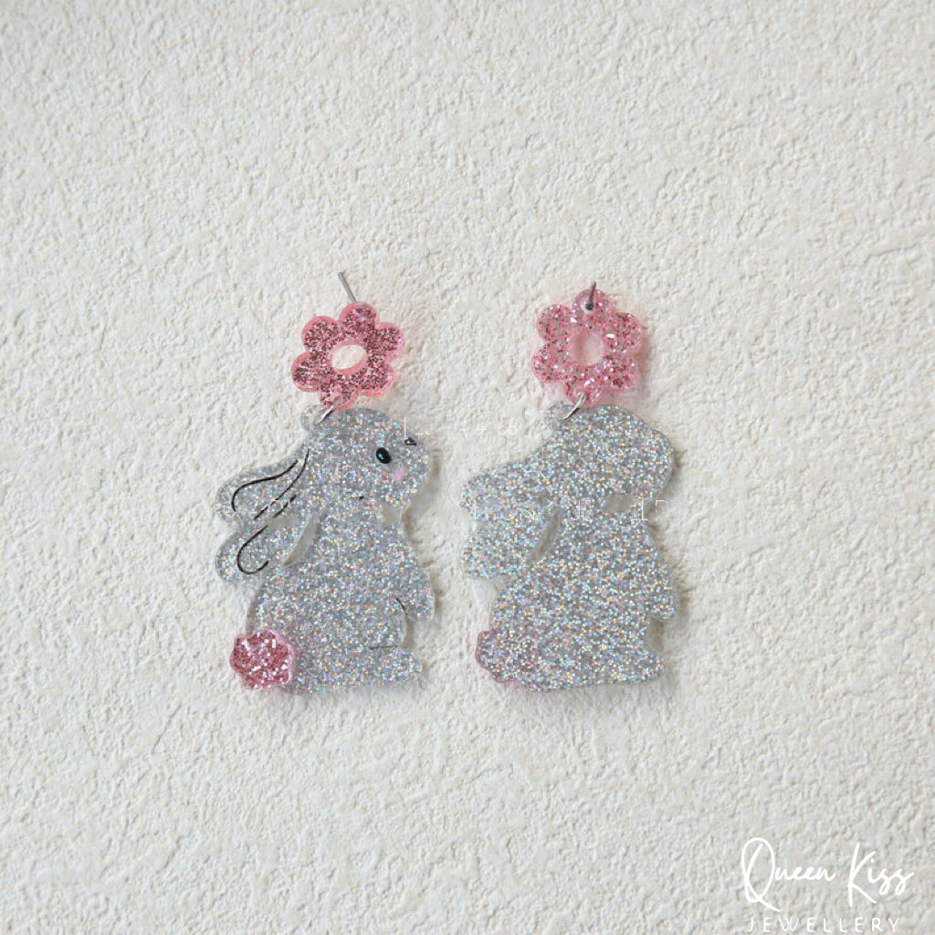 Cute Light Trendy Adorable Acrylic Art Work Pink Flower and Bunny Earrings - Pinky Fairy!!