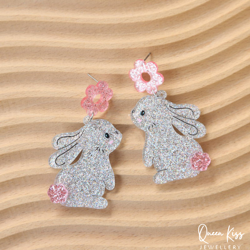 Cute Light Trendy Adorable Acrylic Art Work Pink Flower and Bunny Earrings - Pinky Fairy!!