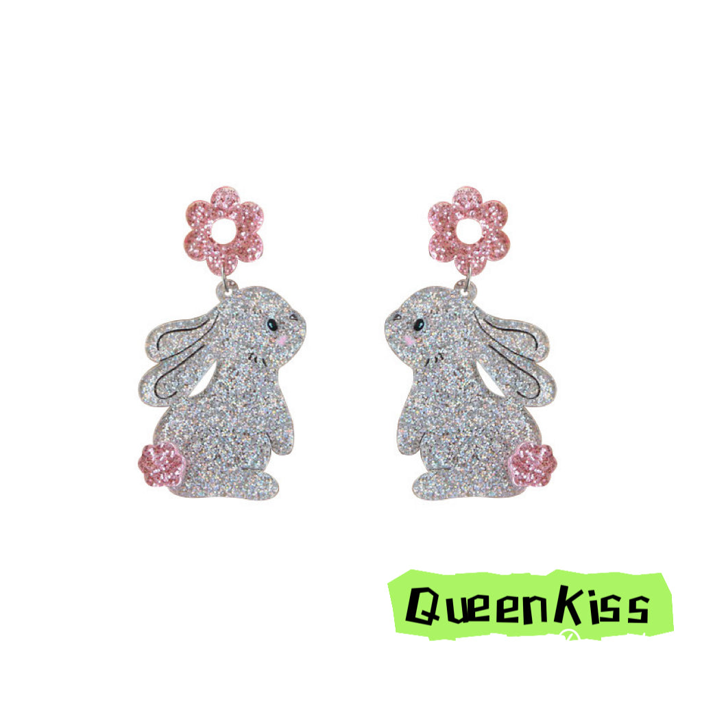 Cute Light Trendy Adorable Acrylic Art Work Pink Flower and Bunny Earrings - Pinky Fairy!!