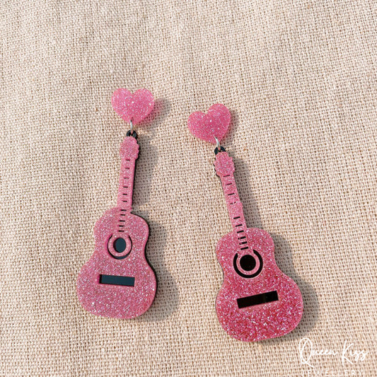 Cute Light Trendy Adorable Acrylic Art Work Pink Guitar and Heart Earrings - Soul Origin!!