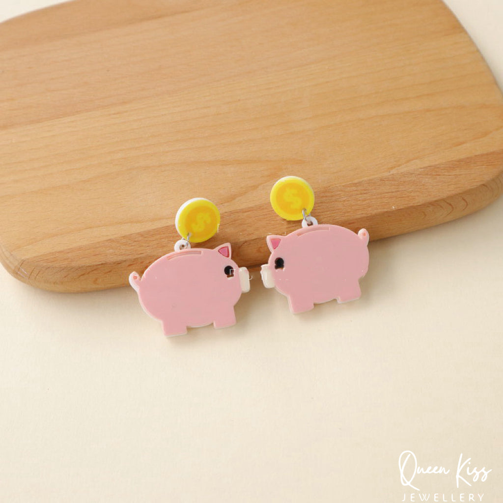 Cute Light Trendy Adorable Acrylic Art Work Pink Piggy Bank Earrings - Little Rich!!