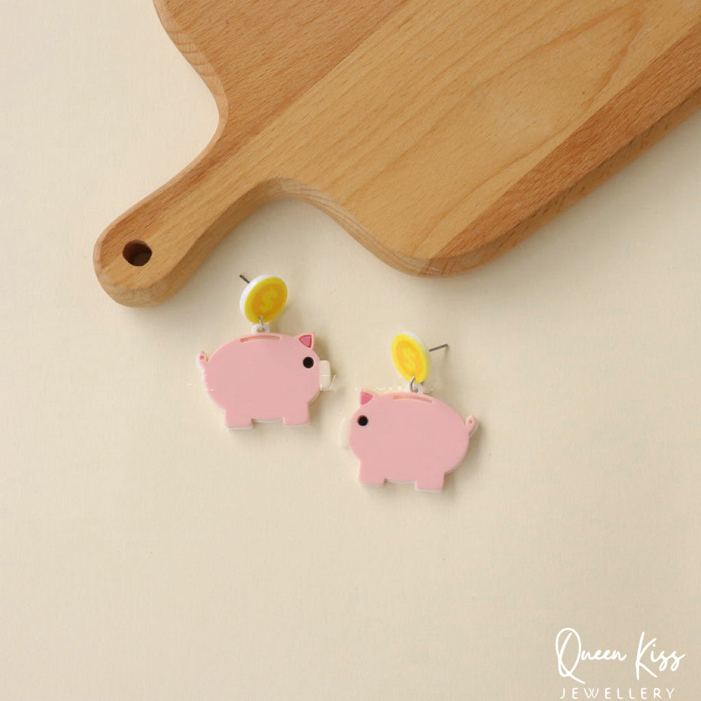 Cute Light Trendy Adorable Acrylic Art Work Pink Piggy Bank Earrings - Little Rich!!