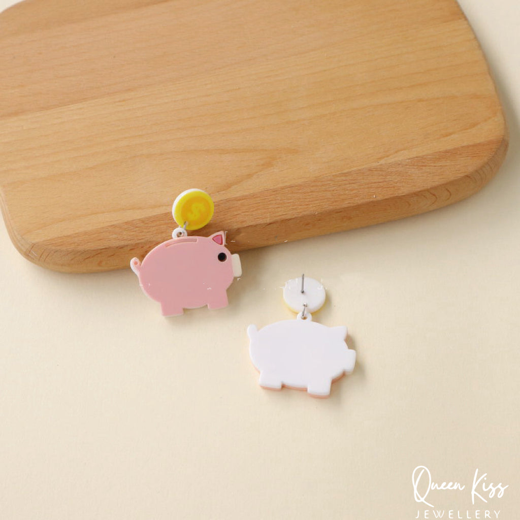 Cute Light Trendy Adorable Acrylic Art Work Pink Piggy Bank Earrings - Little Rich!!