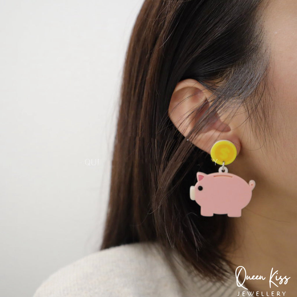 Cute Light Trendy Adorable Acrylic Art Work Pink Piggy Bank Earrings - Little Rich!!