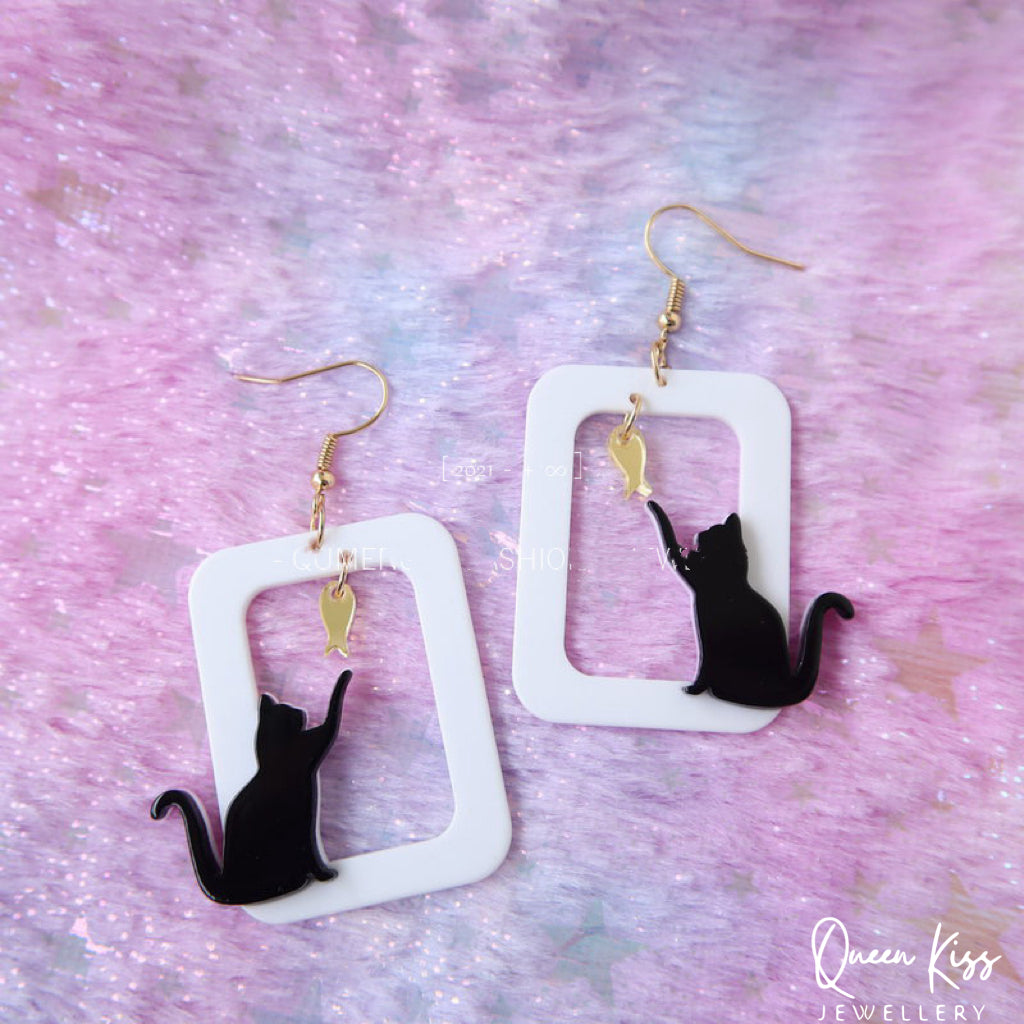 Cute Light Trendy Adorable Acrylic Art Work Cat and Fish Earrings - Meow Meow!!