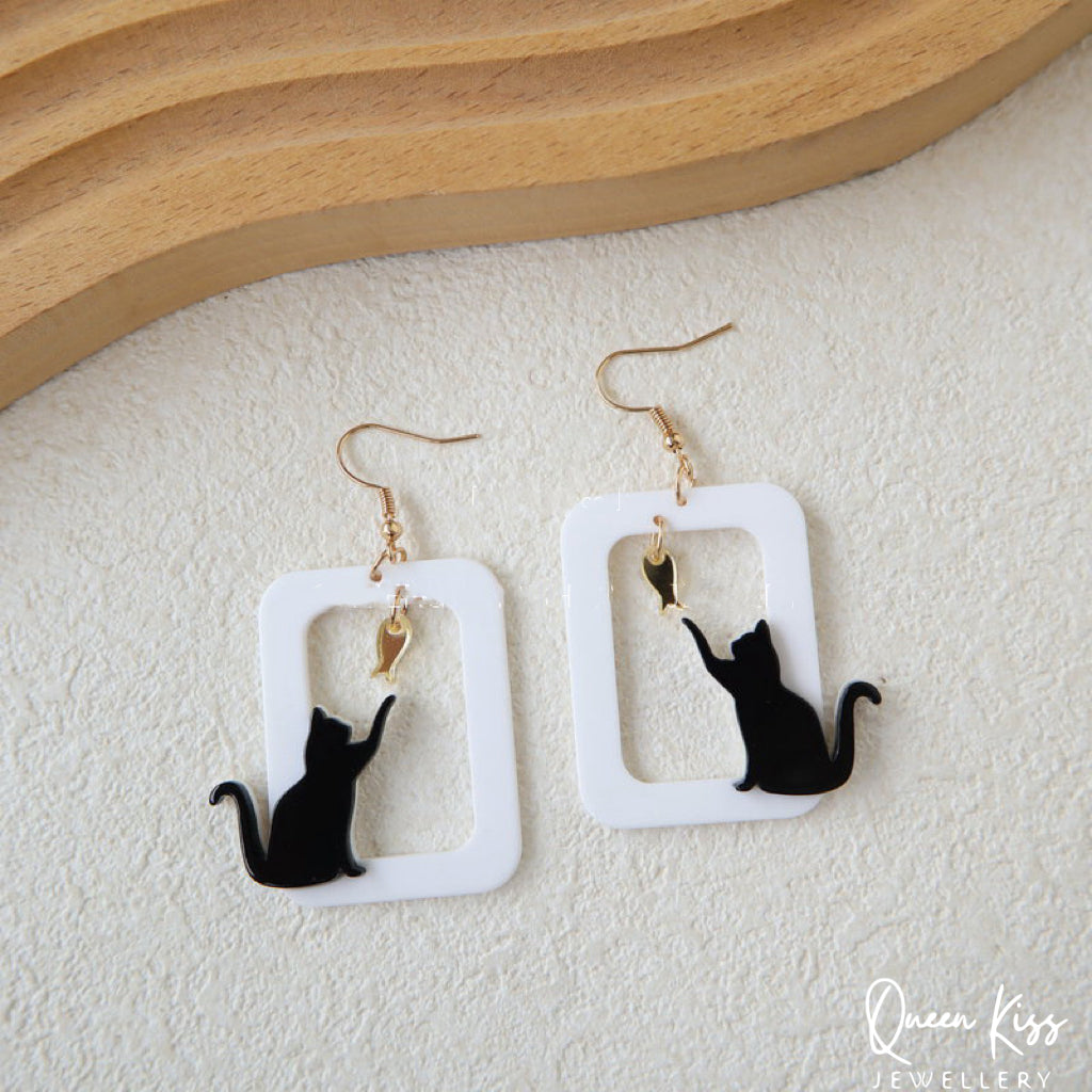 Cute Light Trendy Adorable Acrylic Art Work Cat and Fish Earrings - Meow Meow!!