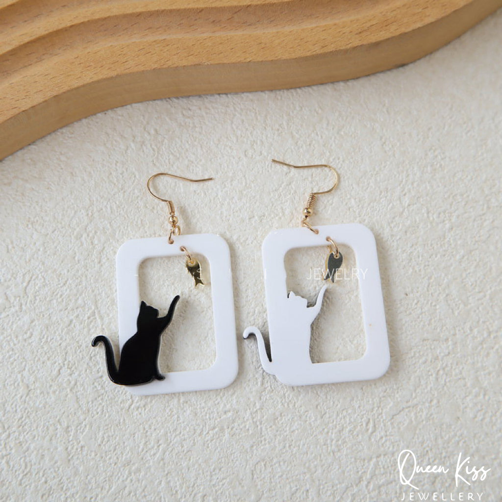 Cute Light Trendy Adorable Acrylic Art Work Cat and Fish Earrings - Meow Meow!!