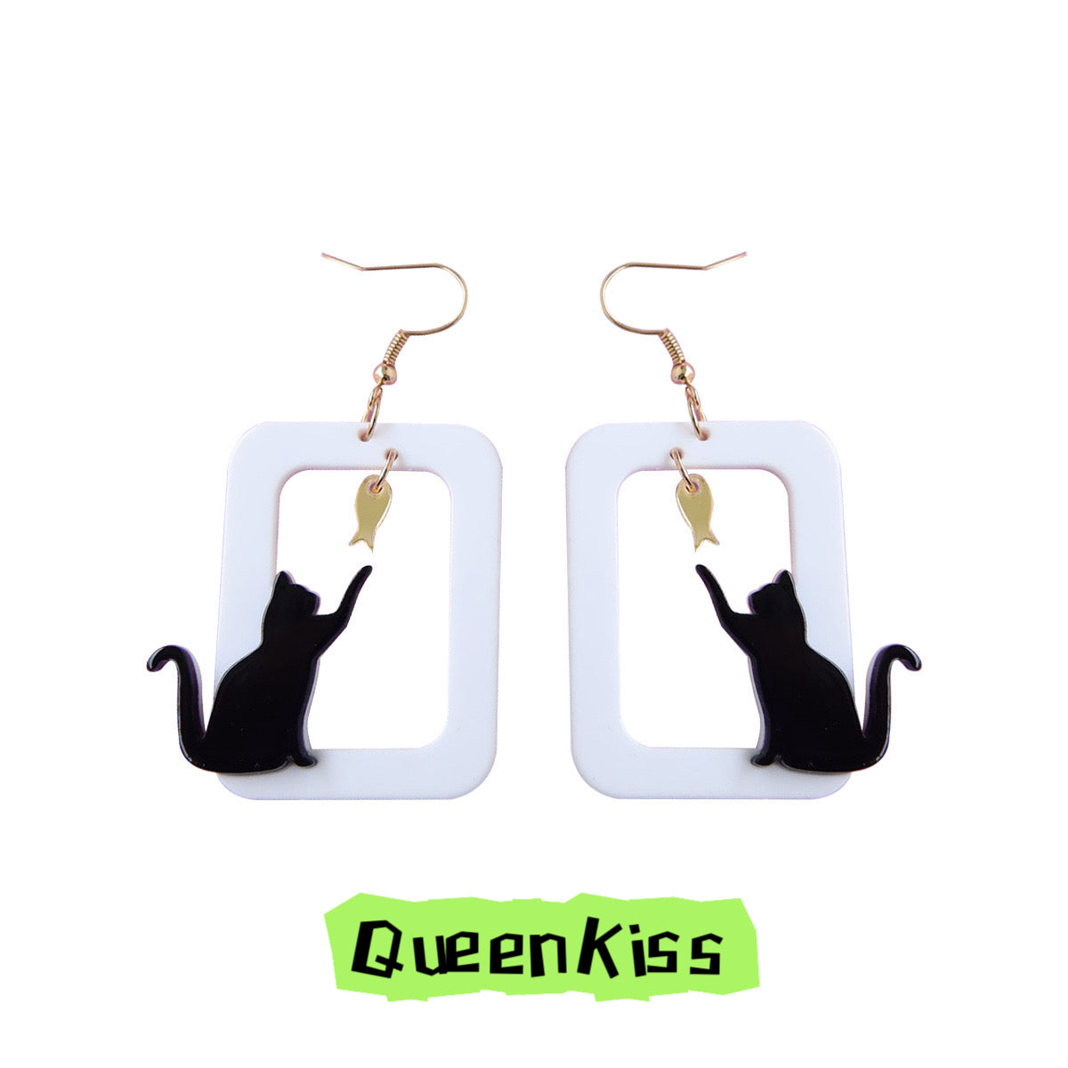 Cute Light Trendy Adorable Acrylic Art Work Cat and Fish Earrings - Meow Meow!!