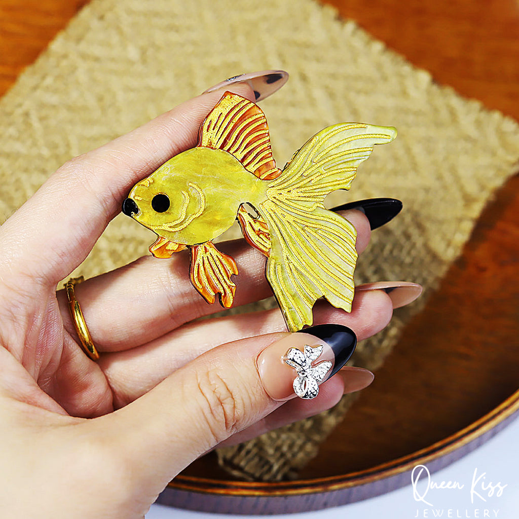 Cute Adorable Good Quality Acrylic Gold Fish Brooches Artist Gift for Her, Mother, Kid, Sister, Good Friends