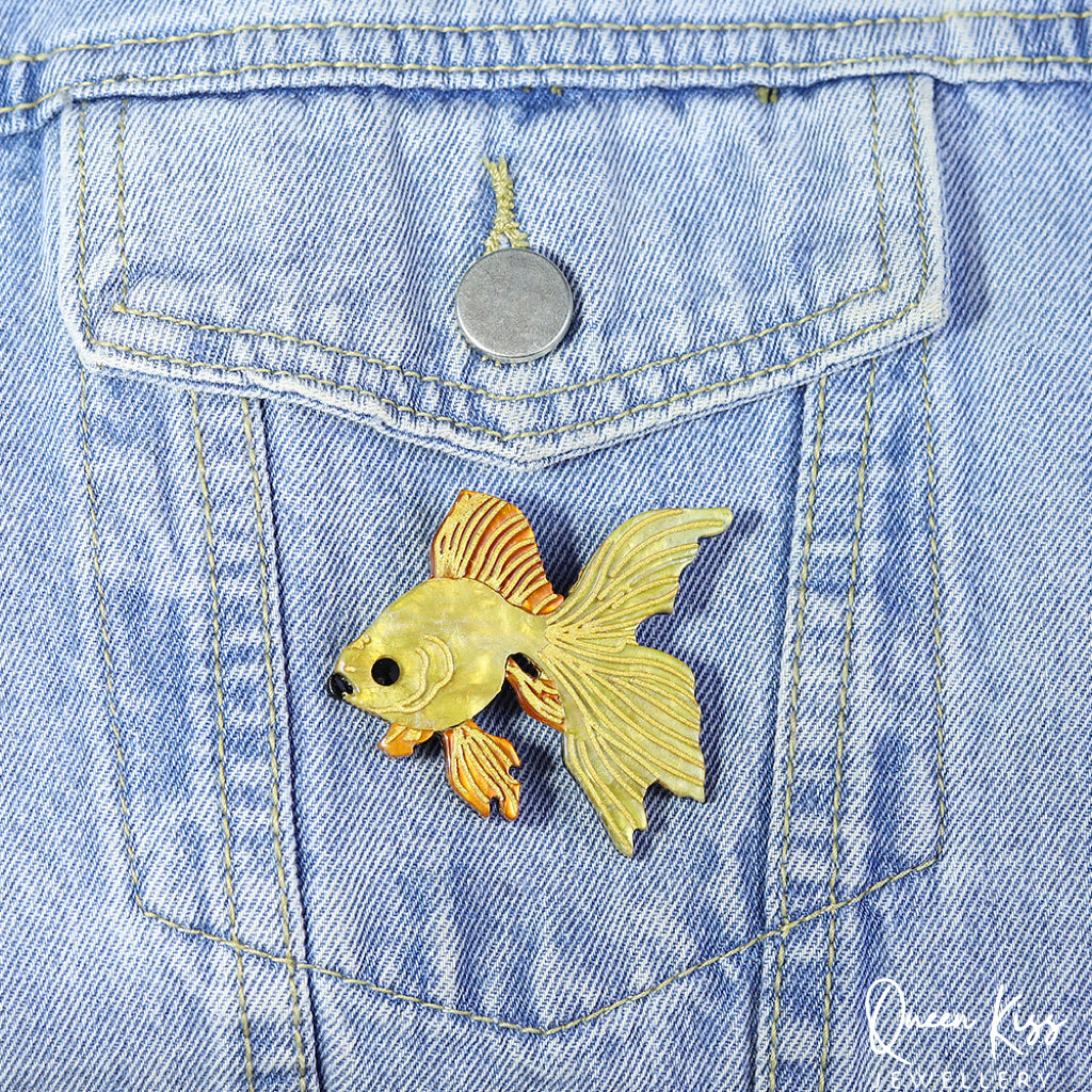 Cute Adorable Good Quality Acrylic Gold Fish Brooches Artist Gift for Her, Mother, Kid, Sister, Good Friends