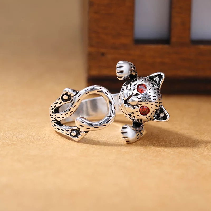 3D Cute Lovely Kitty Cat Adjustable 925 Sterling Silver Plated Ring