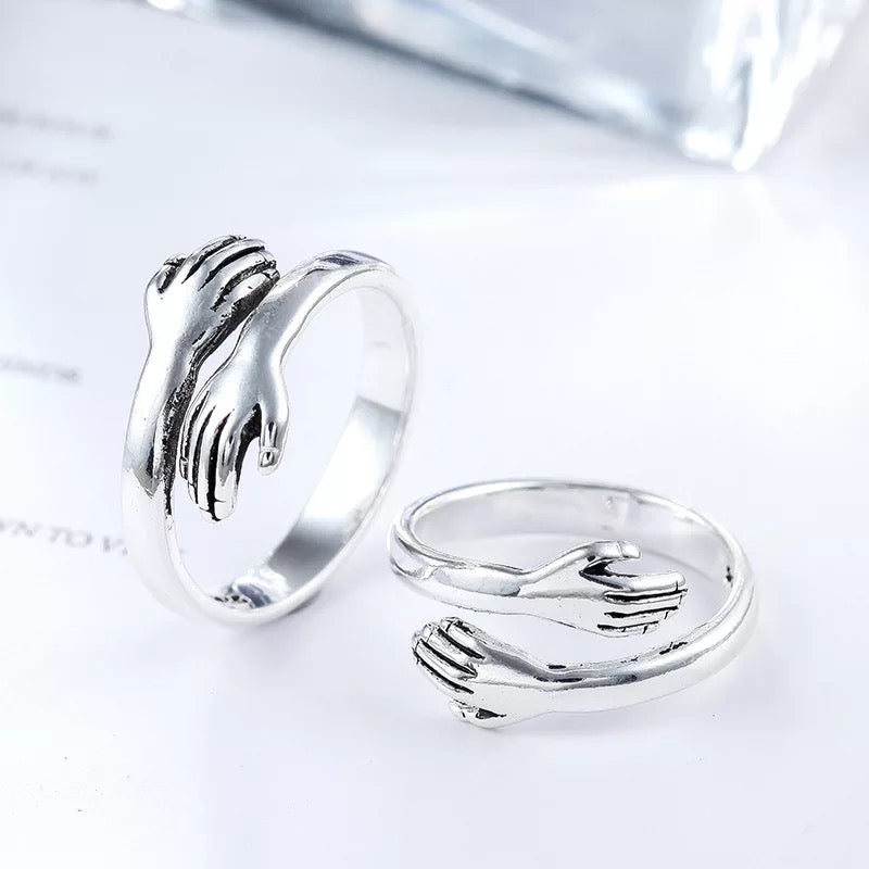 Best Seller S925 Sterling Silver Vintage Hands Hugs Adjustable Silver Ring