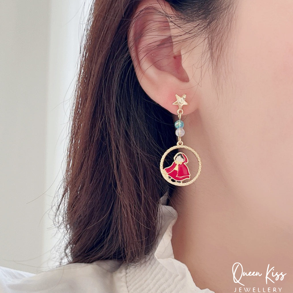 Super Cute Little Red Riding Hood and Mr. Wolf Bowknot Star Earrings -- Little Red and Wolf!!