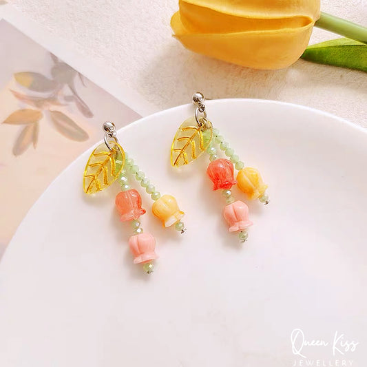 Cute Tulip Yellow Leave Pink Peach Yellow Flower Romantic Earrings - Mama I Love You!!