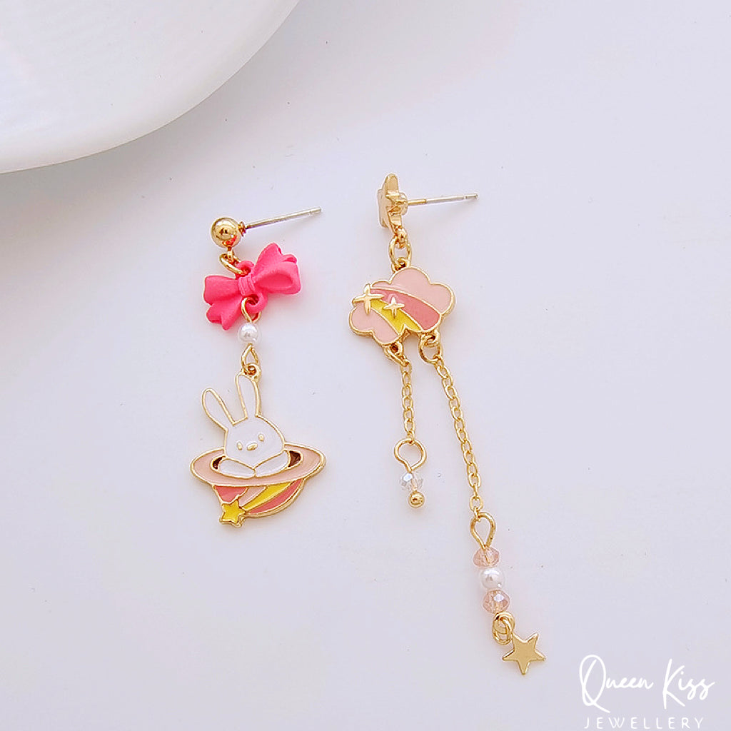 Super Cute Pink Rabbit Bunny and Cloud Bowknot and Star Earrings -- Just the Way You Are!!