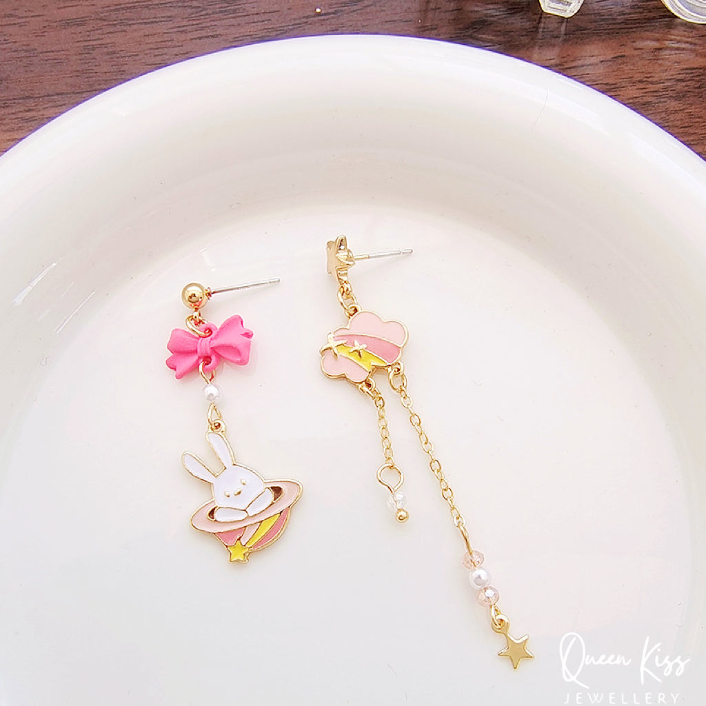 Super Cute Pink Rabbit Bunny and Cloud Bowknot and Star Earrings -- Just the Way You Are!!