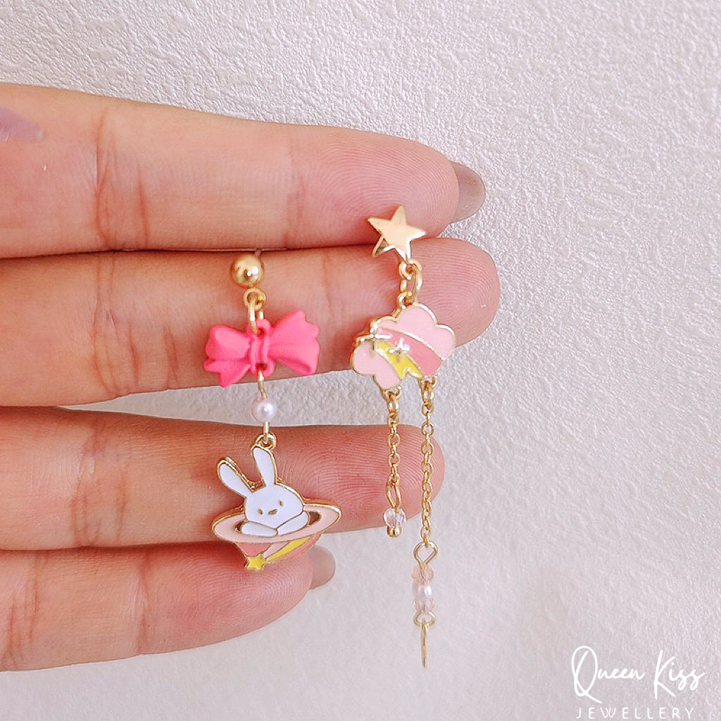 Super Cute Pink Rabbit Bunny and Cloud Bowknot and Star Earrings -- Just the Way You Are!!