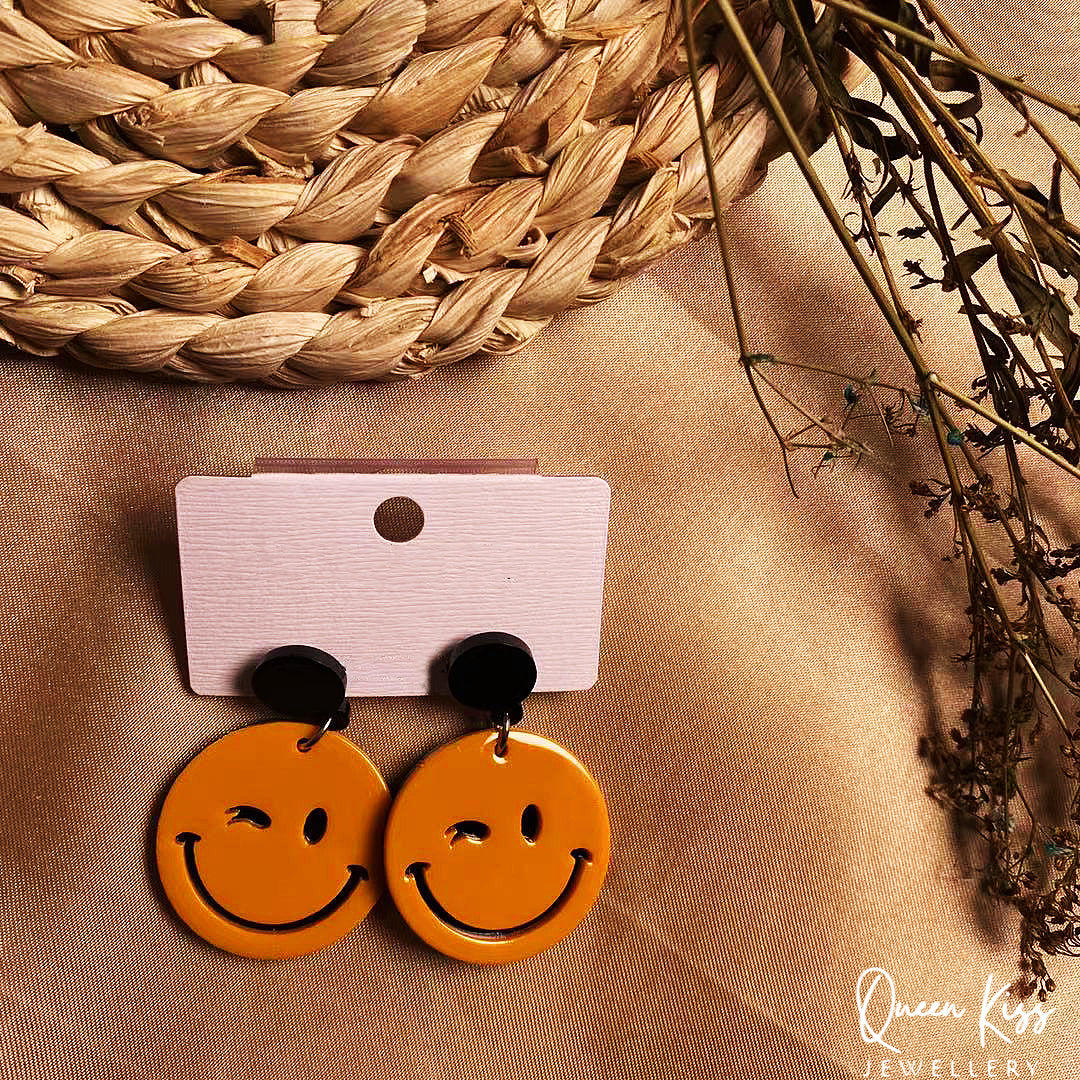 Cute Light Trendy Orange Smiley Smile Face Acrylic Earrings - Always Look on the Bright Side!!