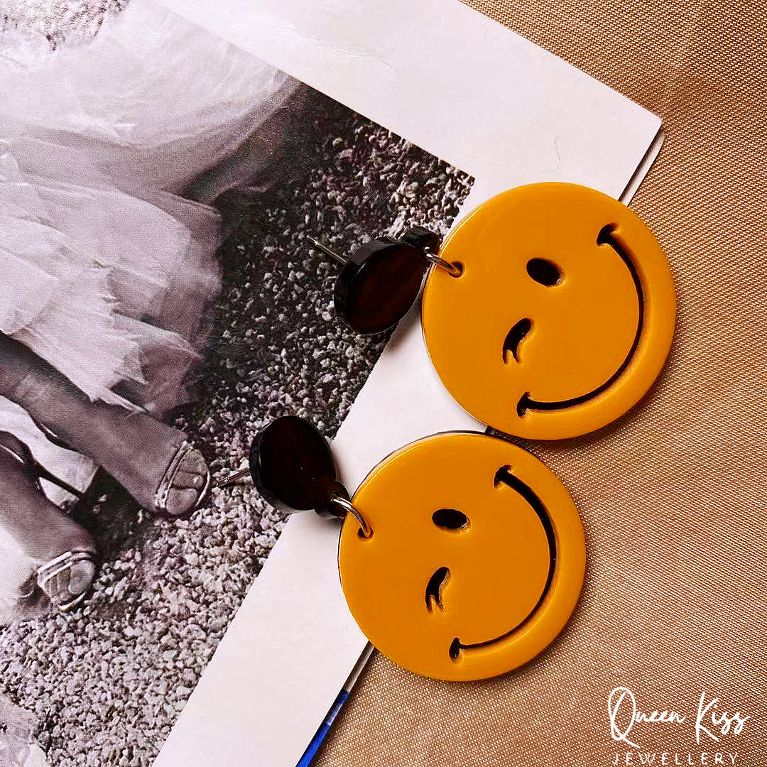 Cute Light Trendy Orange Smiley Smile Face Acrylic Earrings - Always Look on the Bright Side!!