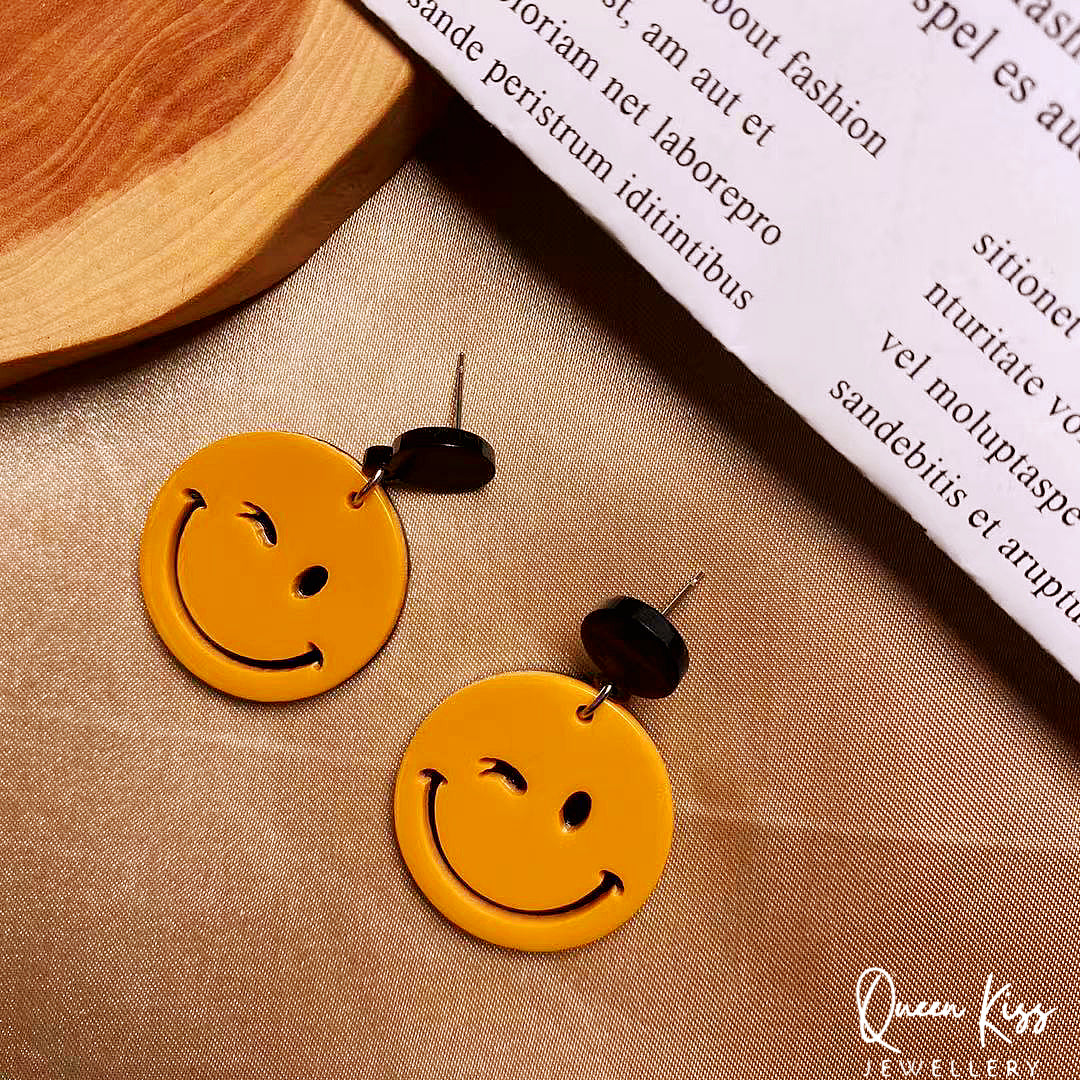 Cute Light Trendy Orange Smiley Smile Face Acrylic Earrings - Always Look on the Bright Side!!