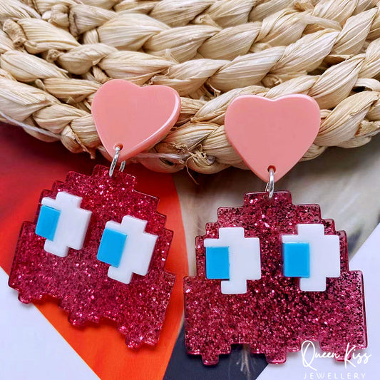 Super LIght Acrylic Pink Pac-Man with Big Eyes Pink Heart Earrings - Eat Me!!