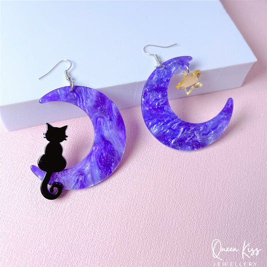 Cute Light Trendy Adorable Acrylic Moon and Black Cat and Star Earrings - Once Upon A Moon!!