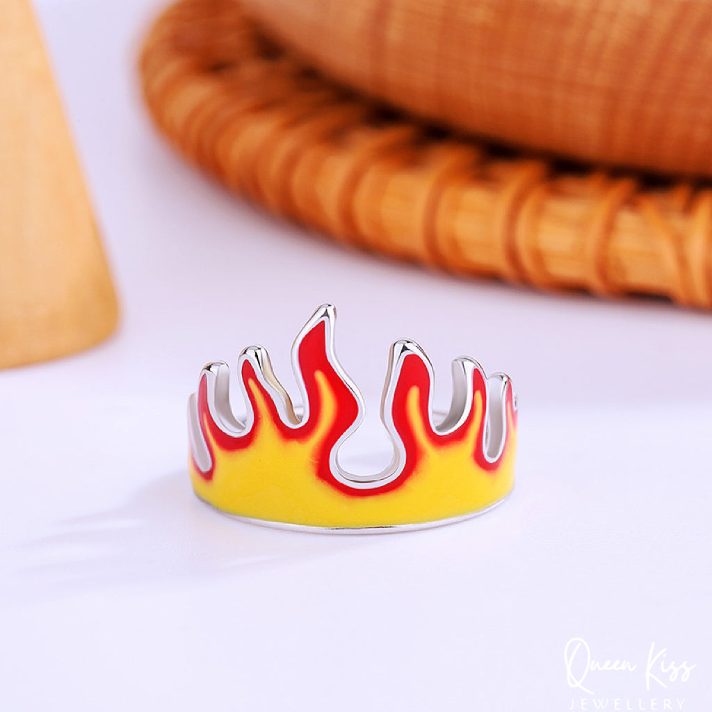 Cool Vintage Fire Red Yellow Silver Adjustable Ring