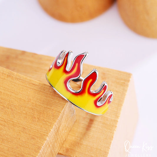 Cool Vintage Fire Red Yellow Silver Adjustable Ring