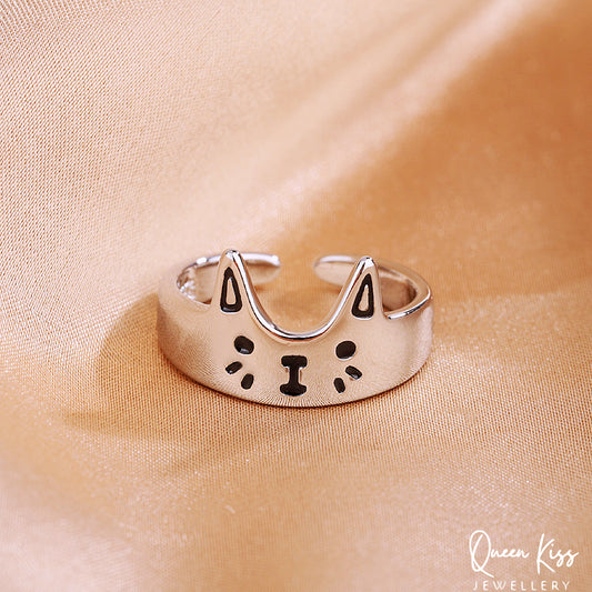 3D Cute Lovely Kitty Cat Adjustable 925 Sterling Silver Ring