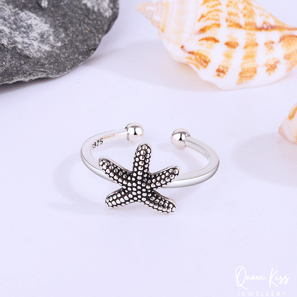 3D Cute Lovely Star Fish Adjustable 925 Sterling Silver Ring