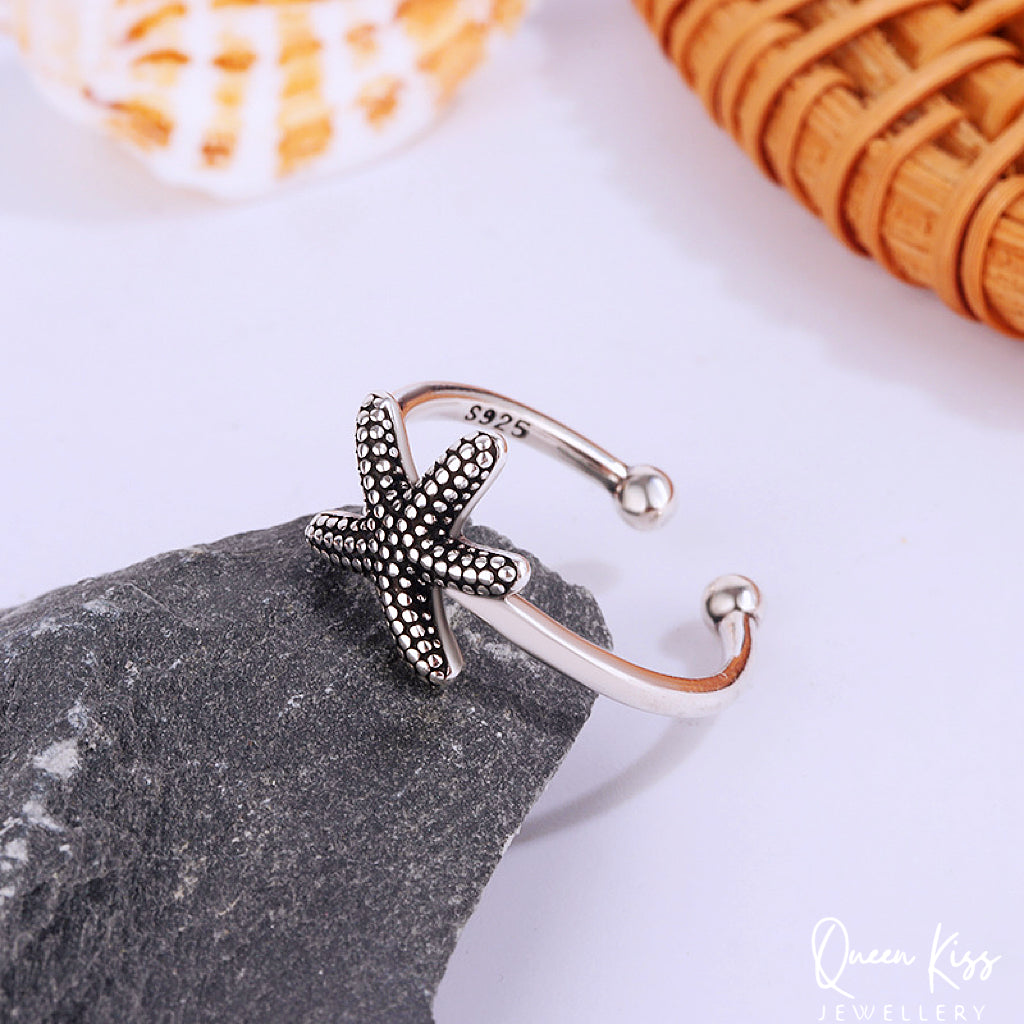 3D Cute Lovely Star Fish Adjustable 925 Sterling Silver Ring