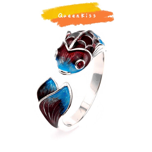 Enamelled Vintage Red Blue 3D Fish Adjustable Silver Ring