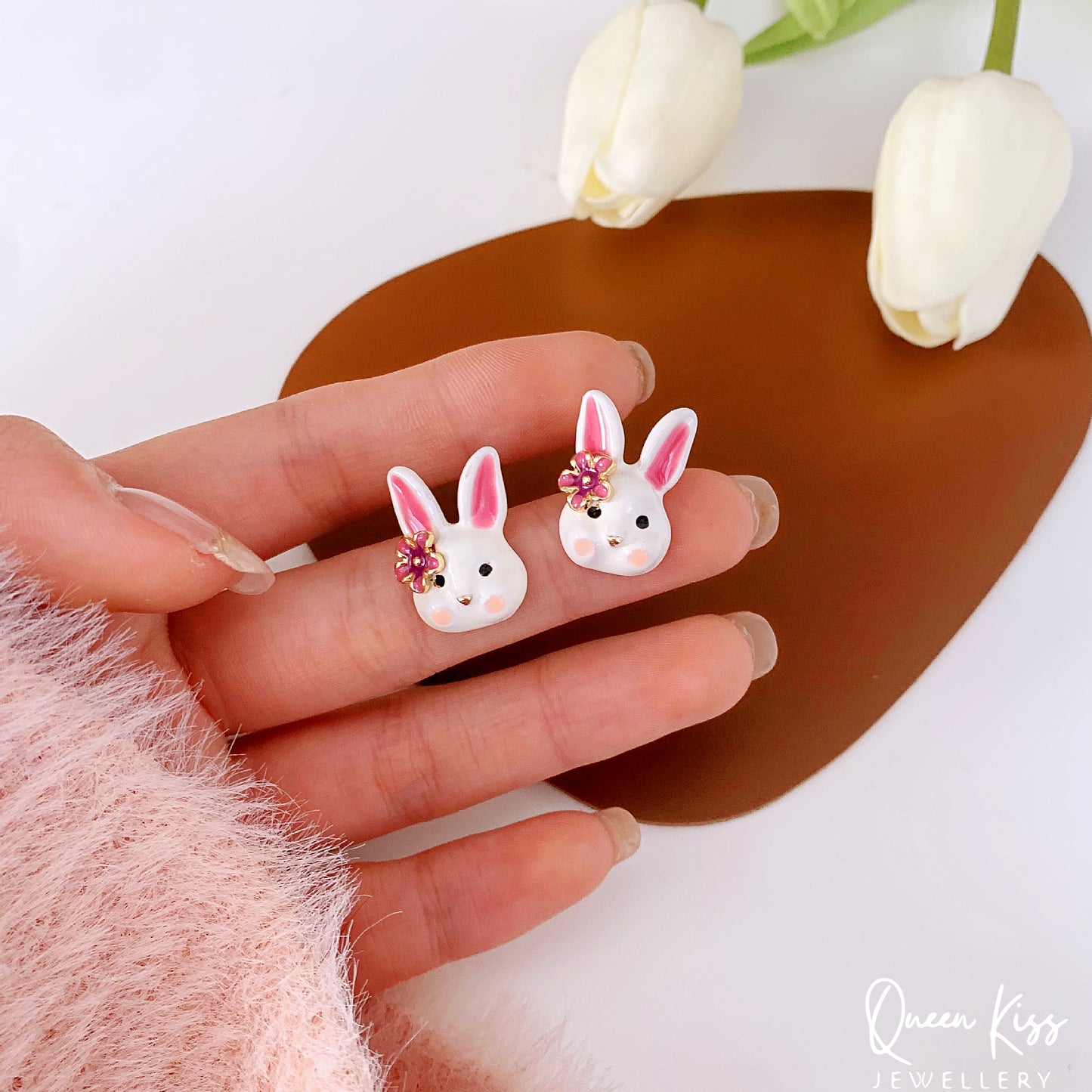 Enamelled Super Cute Bunny Rabbit Stud Earrings -- Cheekie!!