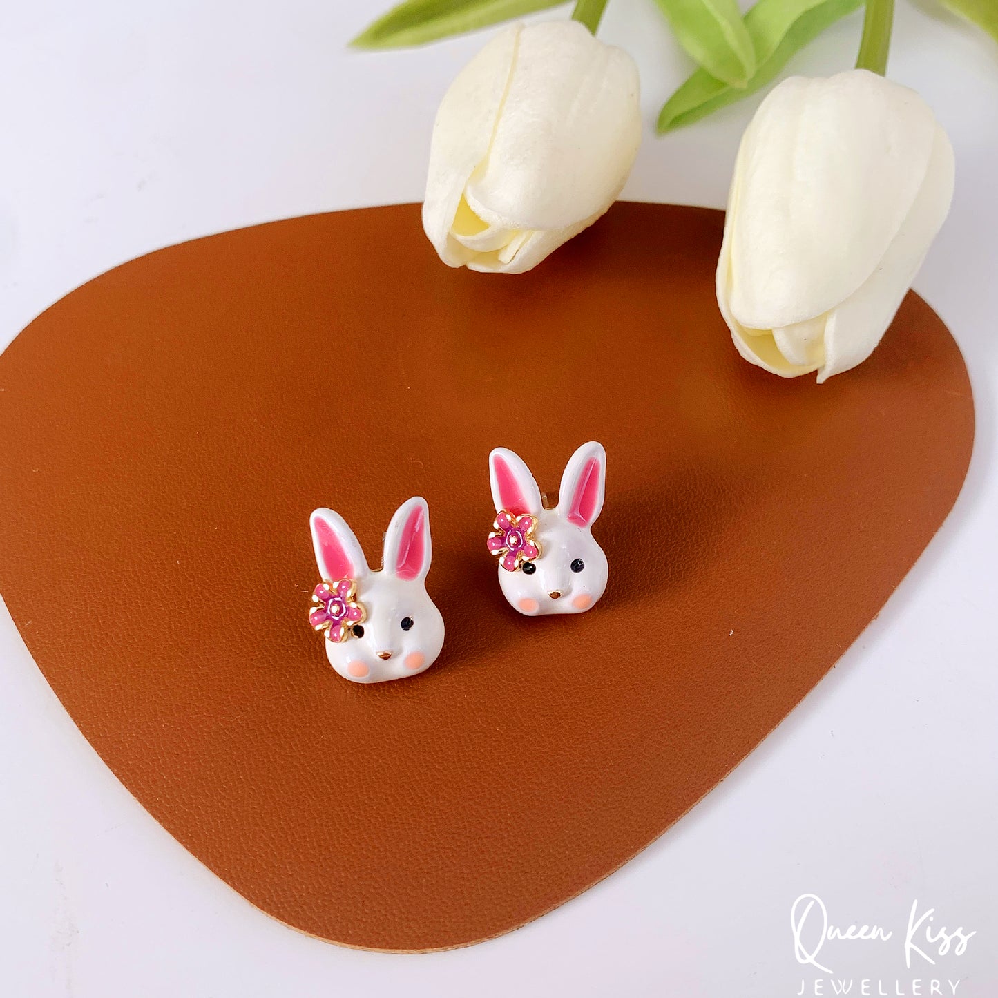 Enamelled Super Cute Bunny Rabbit Stud Earrings -- Cheekie!!