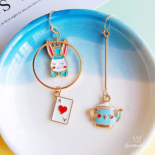 Super Cute Wonderland Rabbit Kettle and Ace Card Enamelled Earrings -- Hide and Seek!!