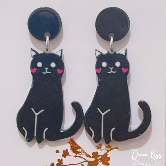 Super Light Acrylic Cute Black Cat Kitty Earrings - Night Walker!!