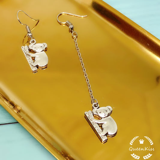 Cute Australian Koala Couple Buddy Climbing Tree Asymmetric Silver Earrings -- Aussie Buddy!!