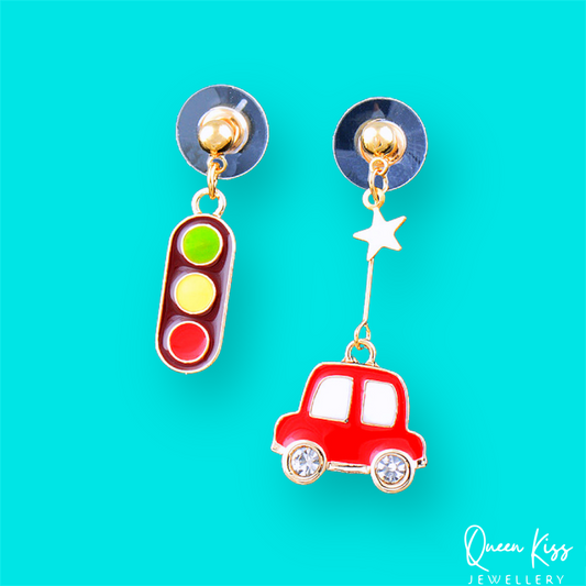 Enamel Adorable Red Little Car and Traffic Light Light Earrings -- City Life!!