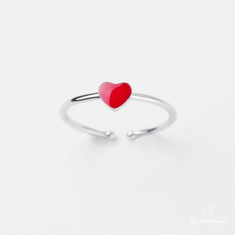 Vintage Red Heart Spot Adjustable 925 Sterling Silver Plated Ring