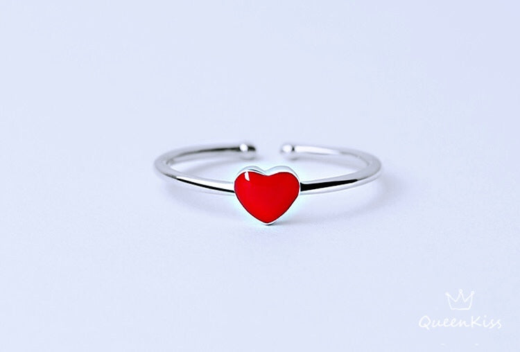 Vintage Red Heart Spot Adjustable 925 Sterling Silver Plated Ring